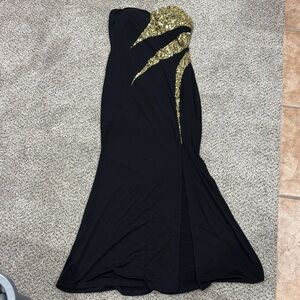 Black Strapless Evening Gown with Gold Sequin Accent